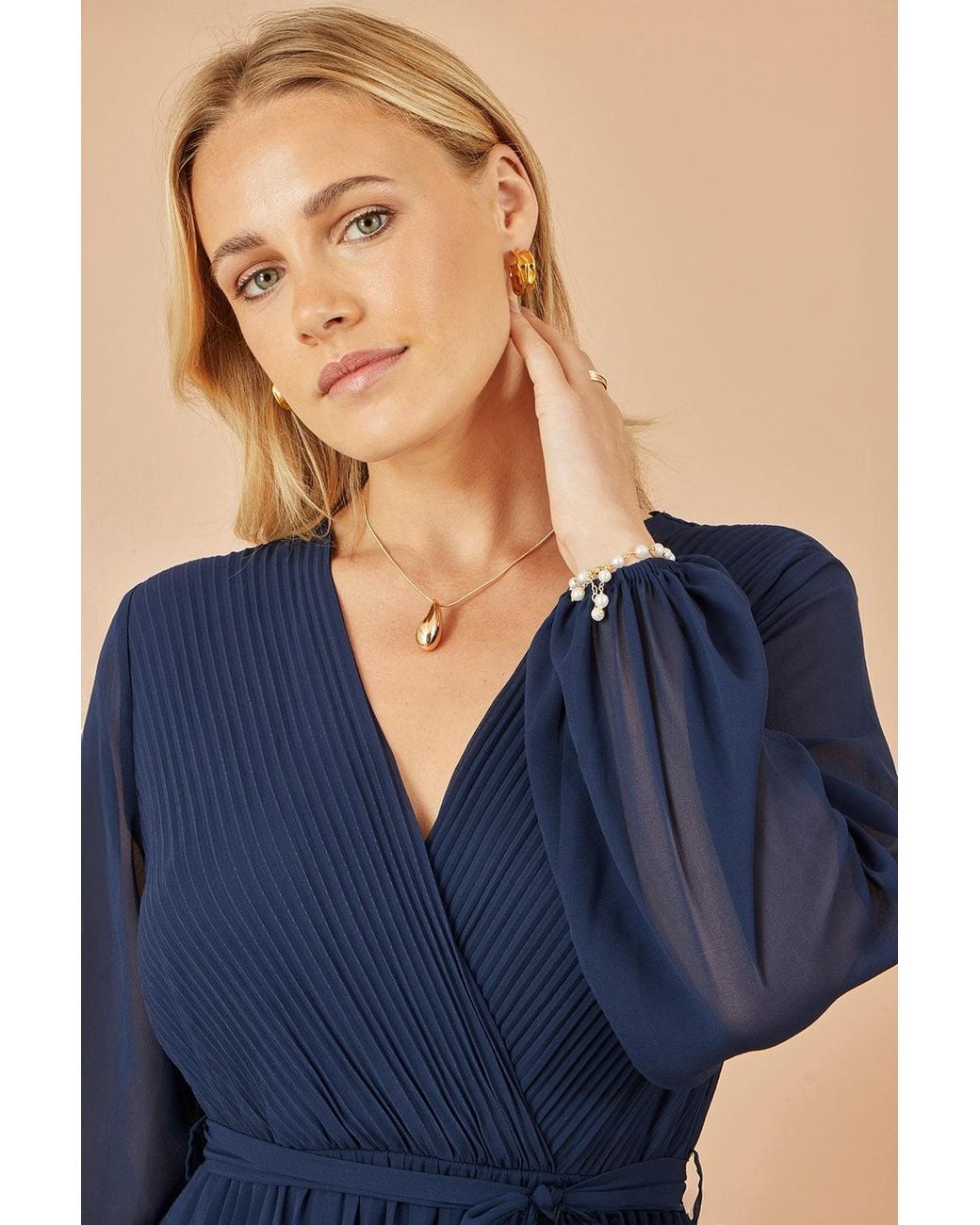 Yumi' Blue Pleated Wrap Midi Dress With Sheer Long Sleeves