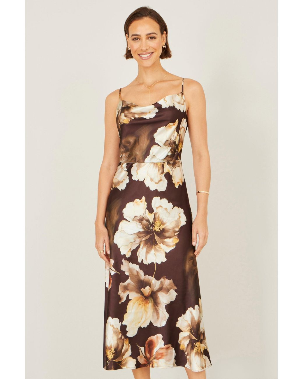 Yumi' Natural Cowl Neck Satin Floral Dress