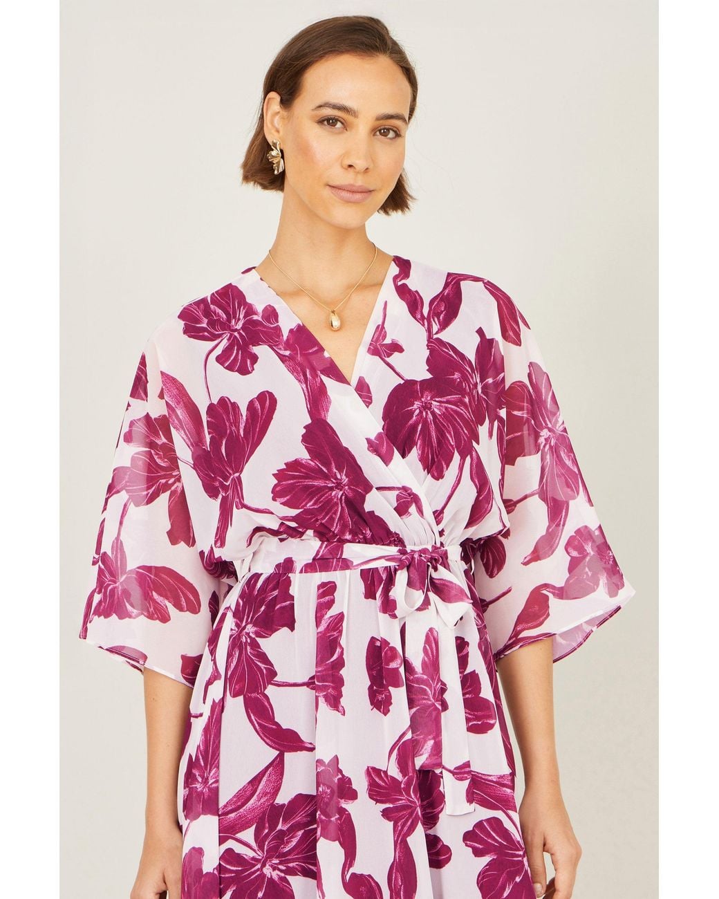 Yumi' Pink Kimono Sleeves Midi Dip Hem Wrap Midi Dress