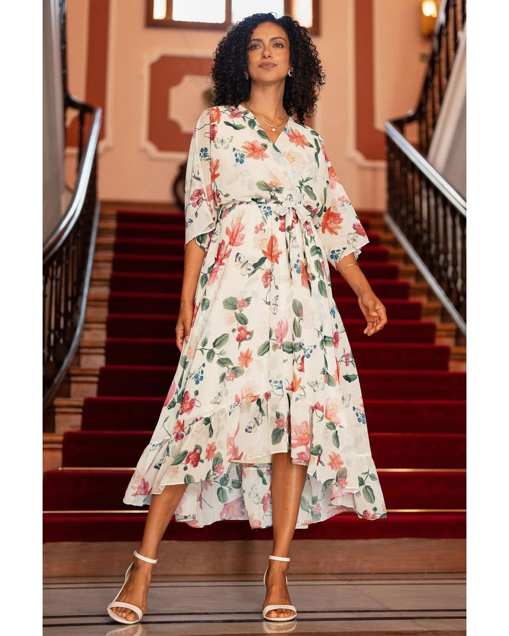 Yumi' Red Floral Print Wrap Midi Dress With Dipped Hem