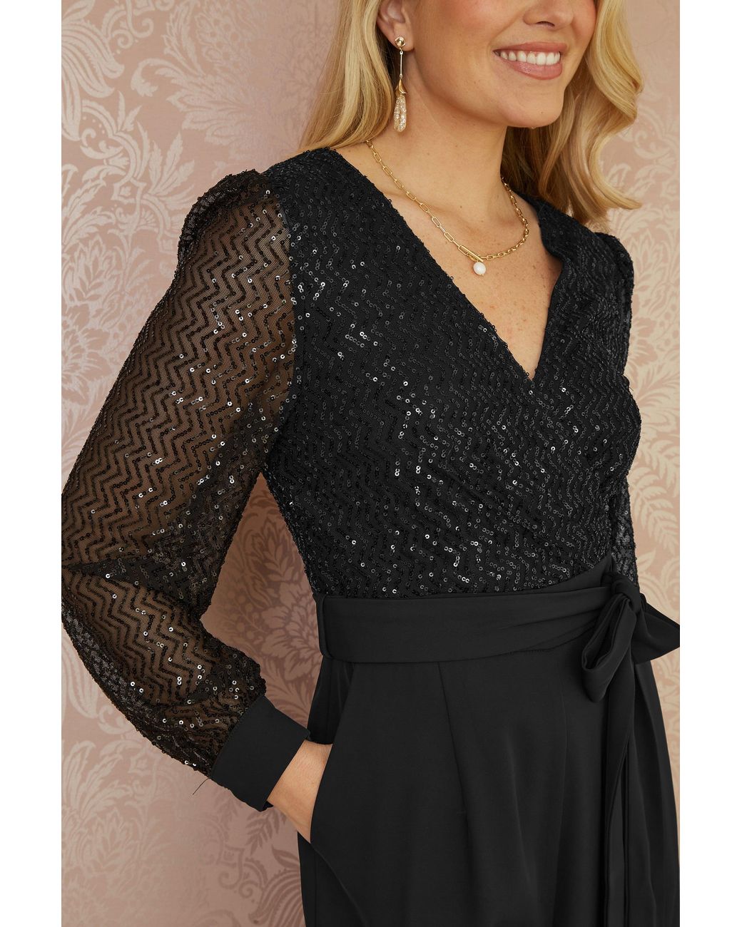 Yumi' Black Sequin Jumpsuit With Long Sleeves