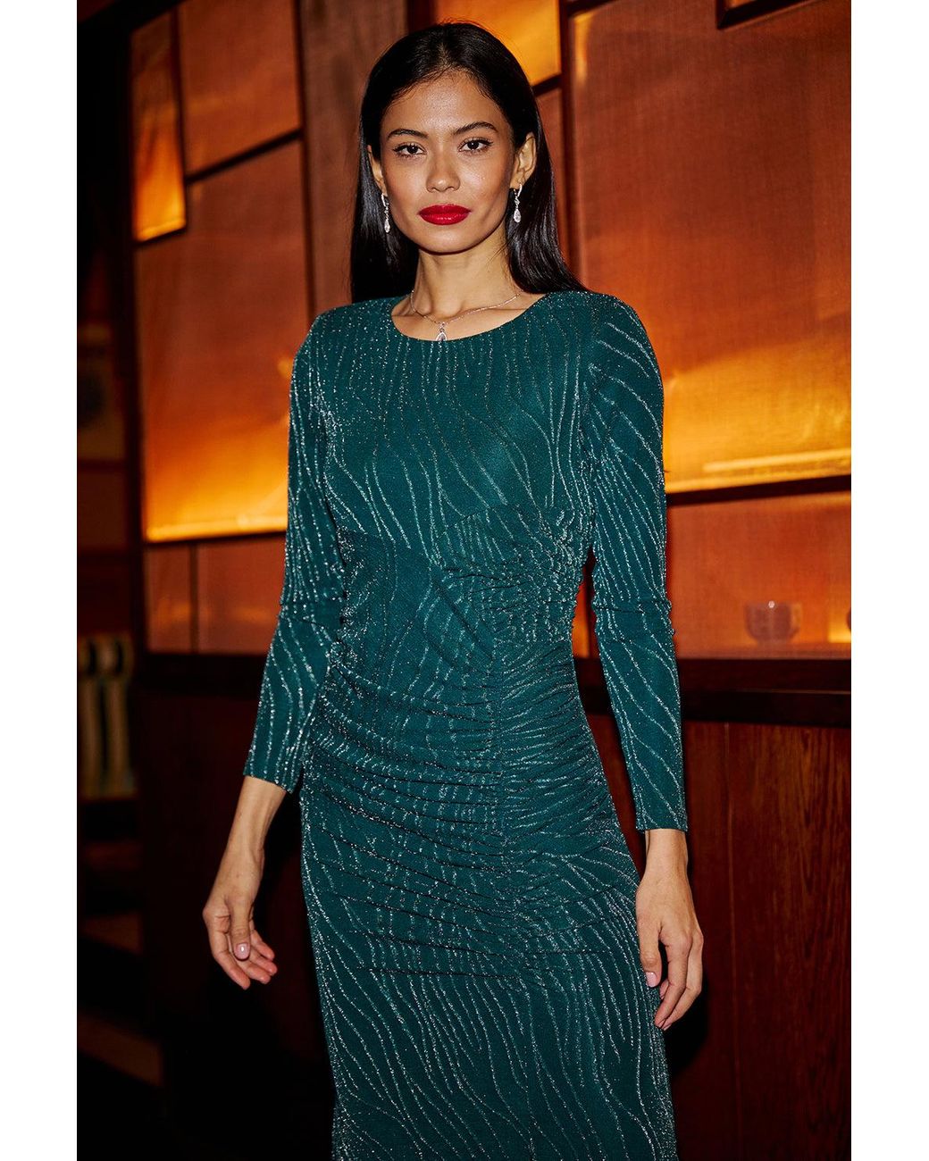 Yumi' Blue Mesh Fitted Ruched Midi Dress With Long Sleeves