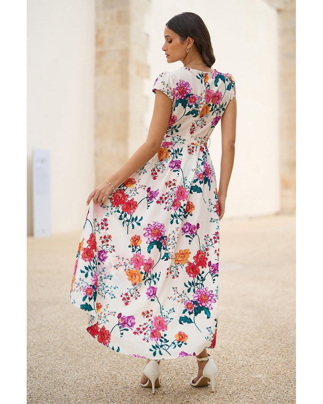 Yumi' Pink Flower Print Wrap Midi Dress