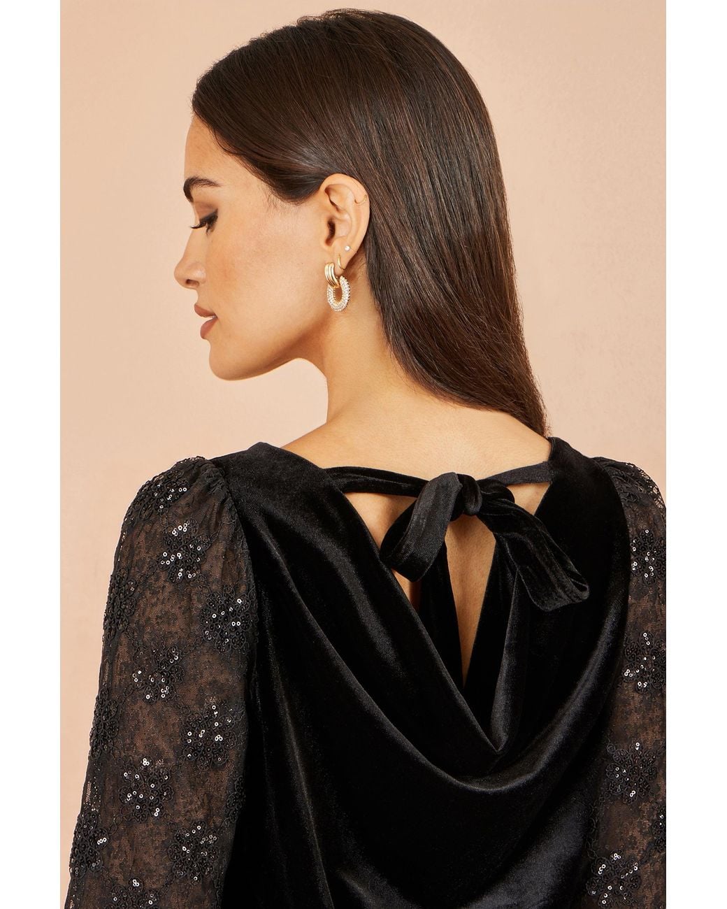 Yumi' Black Velvet Lace Top With Tie Back