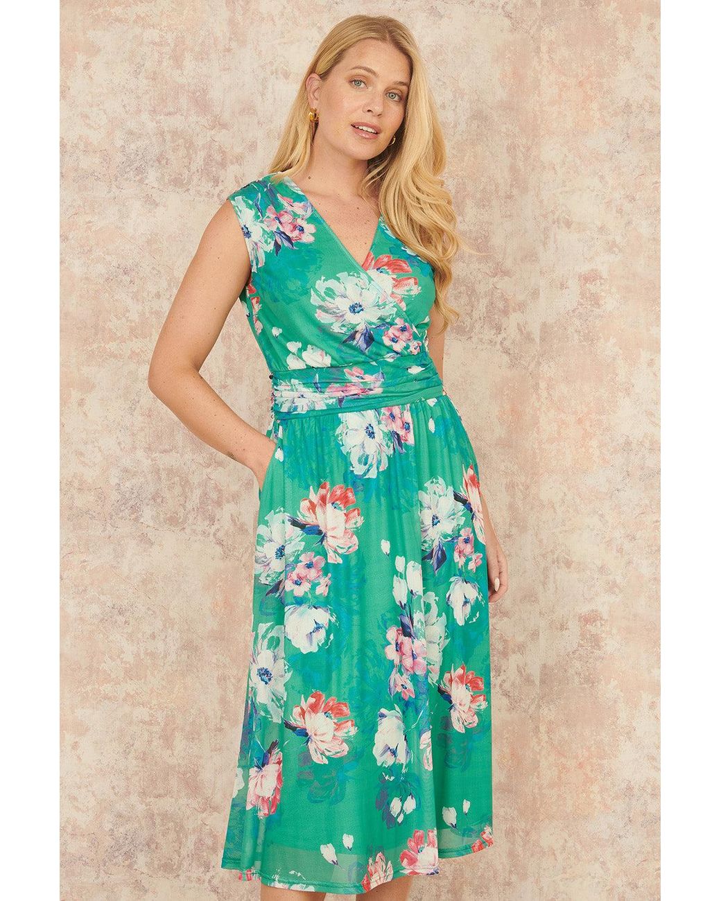 Yumi' Blue Blossom Print Stretch Mesh Dress With Pockets