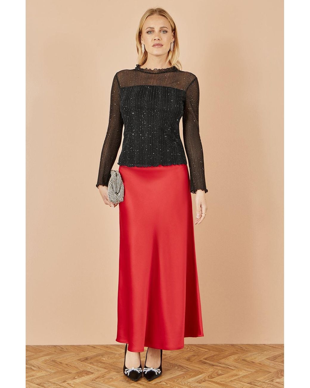 Yumi' Black Sparkle Print Mesh Stretch Fitted Top