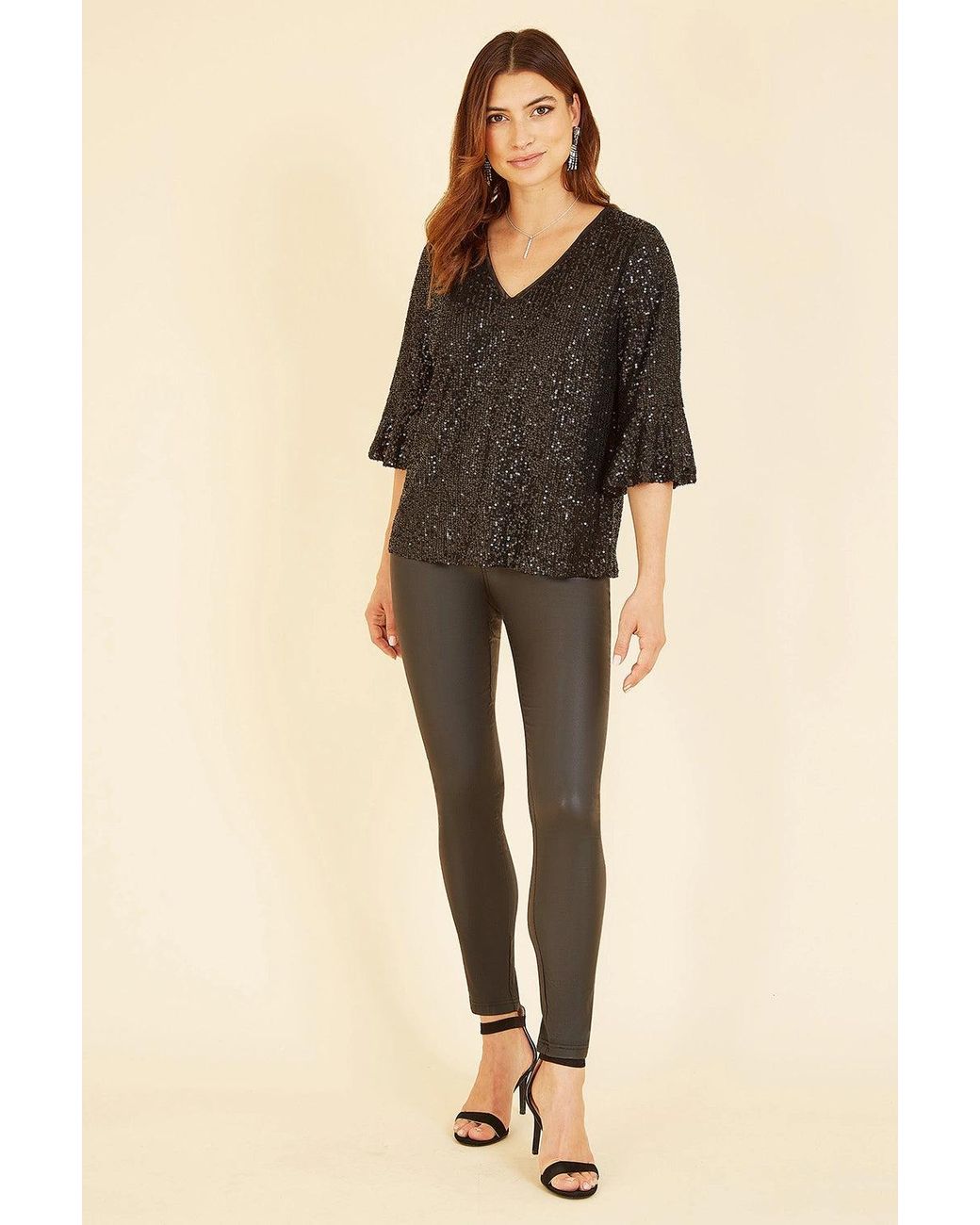 Yumi' Black Sequin Top With Fluted Sleeve