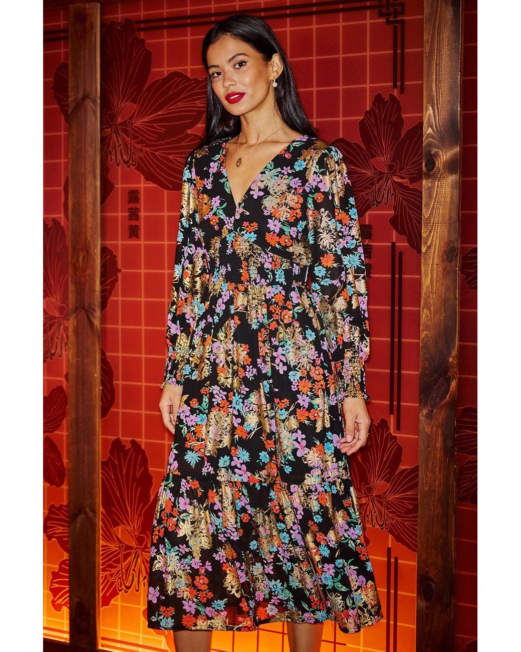 Yumi' Red Floral And Foil Ruched Midi Dress With Split Hemline