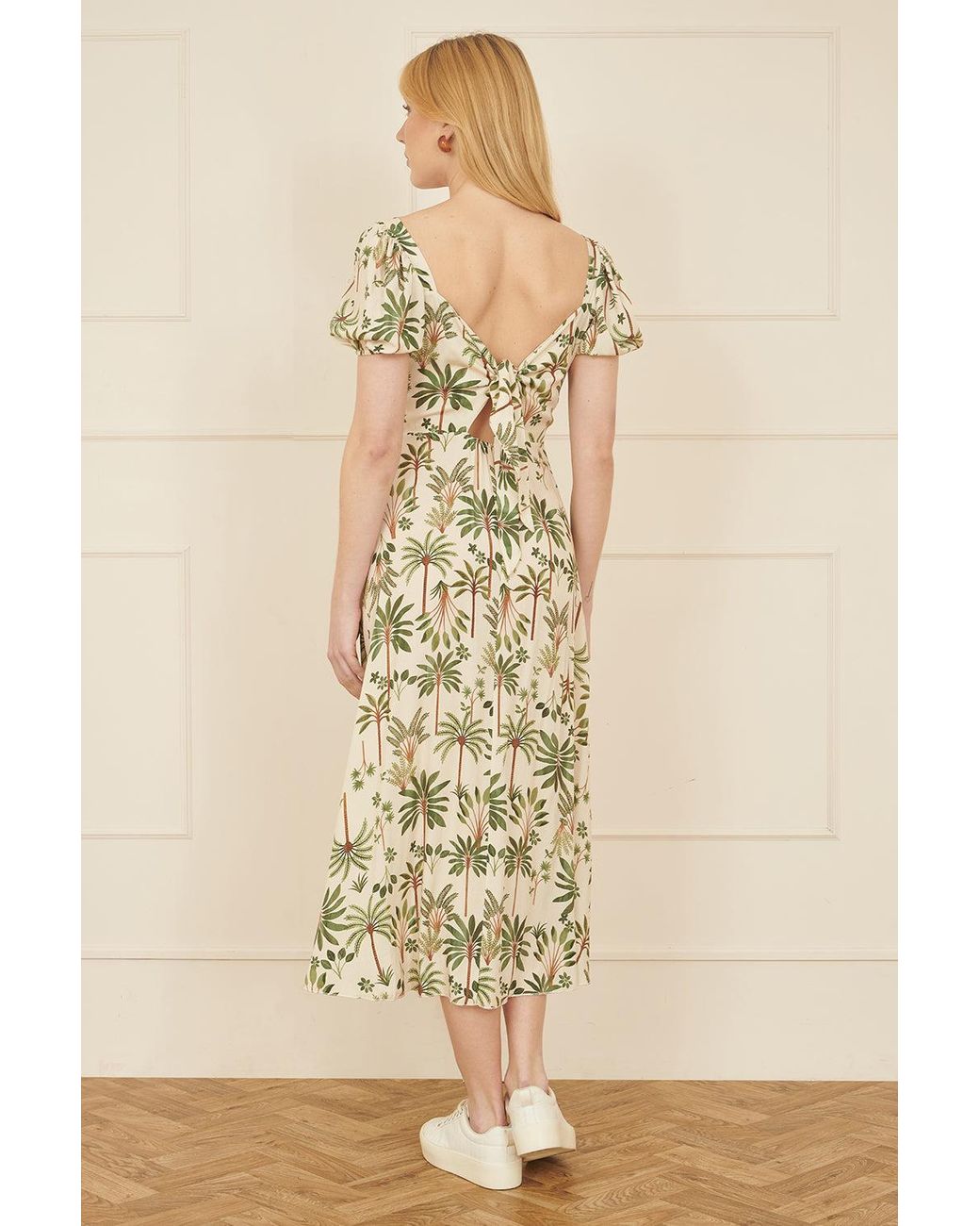 Yumi' Natural Cotton Palm Print Ruched Midi Dress