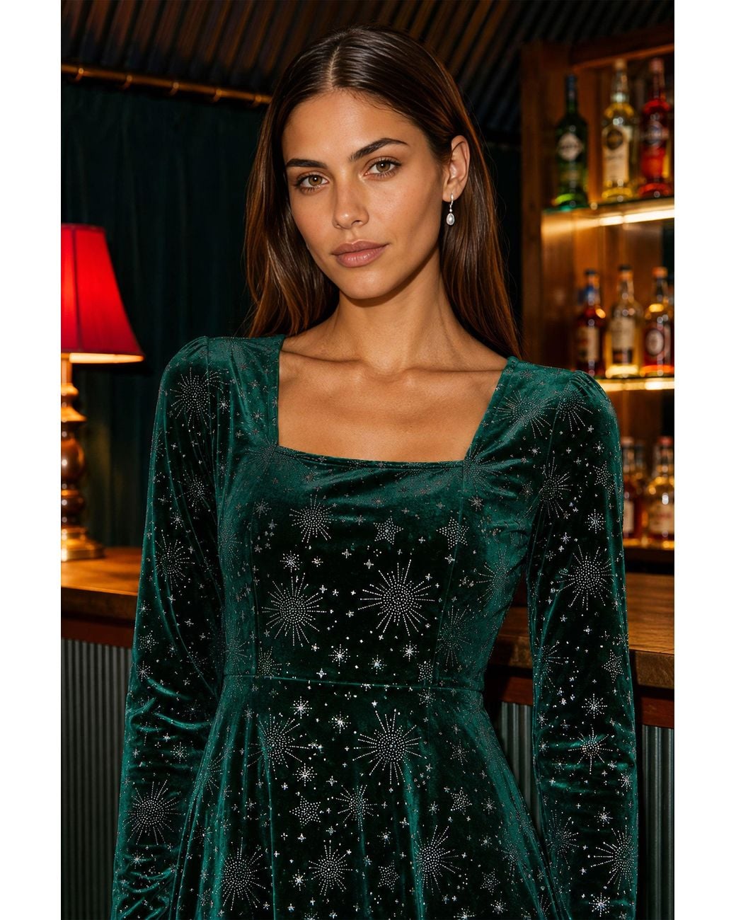 Yumi' Green Starburst Foil Print Long Sleeve Skater Dress
