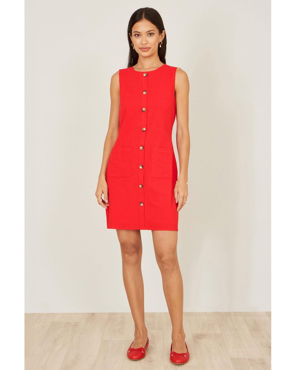 Yumi' Red Viscose Button Detail Shift Dress