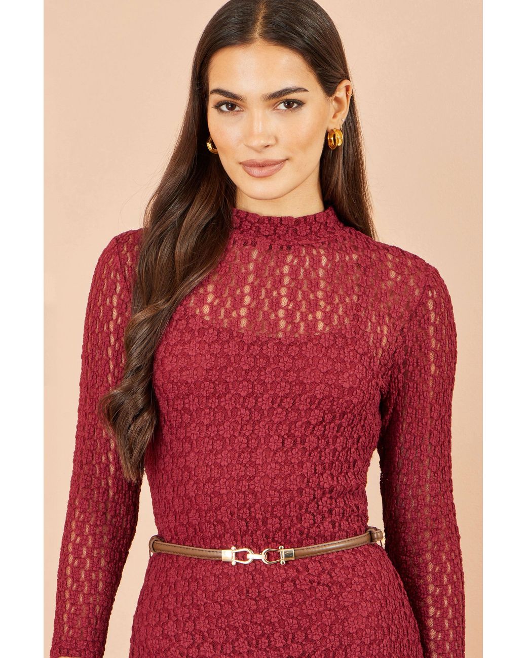 Yumi' Red High Neck Lace Midi Dress