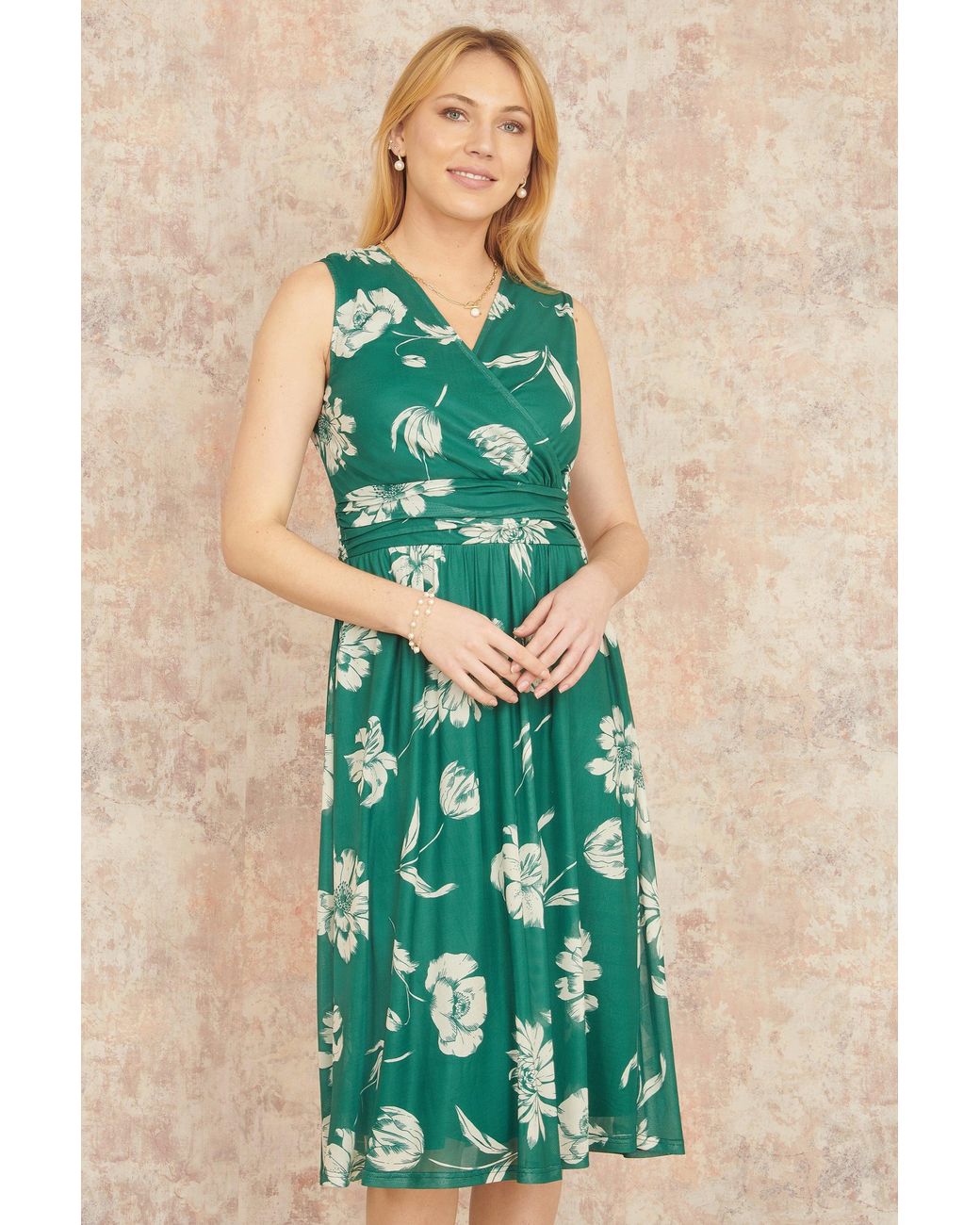 Yumi' Green Floral Print Stretch Mesh Dress With Pockets