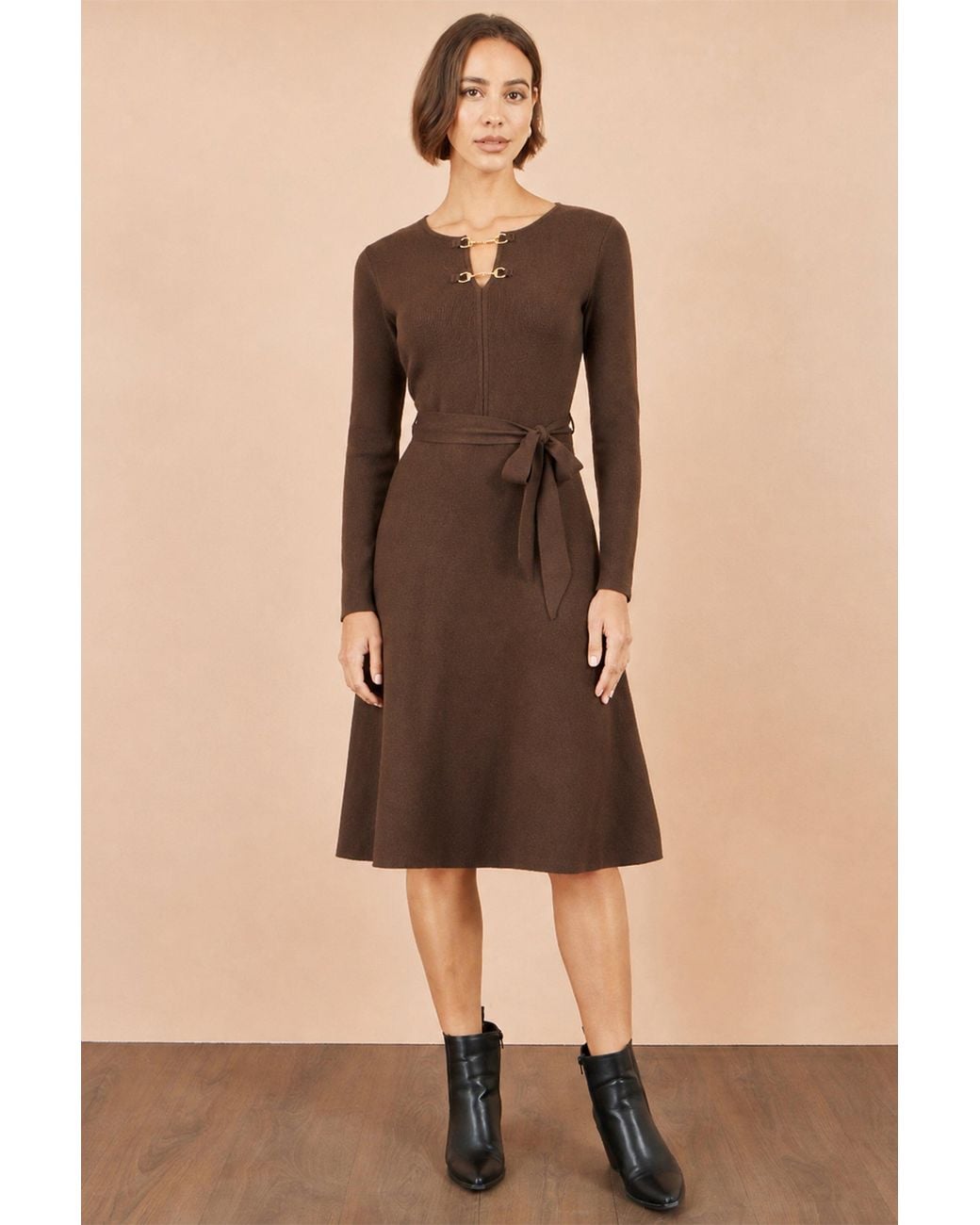 Yumi' Brown Knitted Skater Dress With Buckle Detail