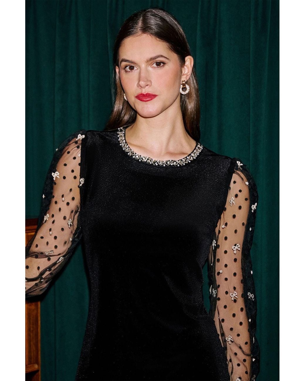 Yumi' Black Velvet Bow Tunic With Embellished Neck