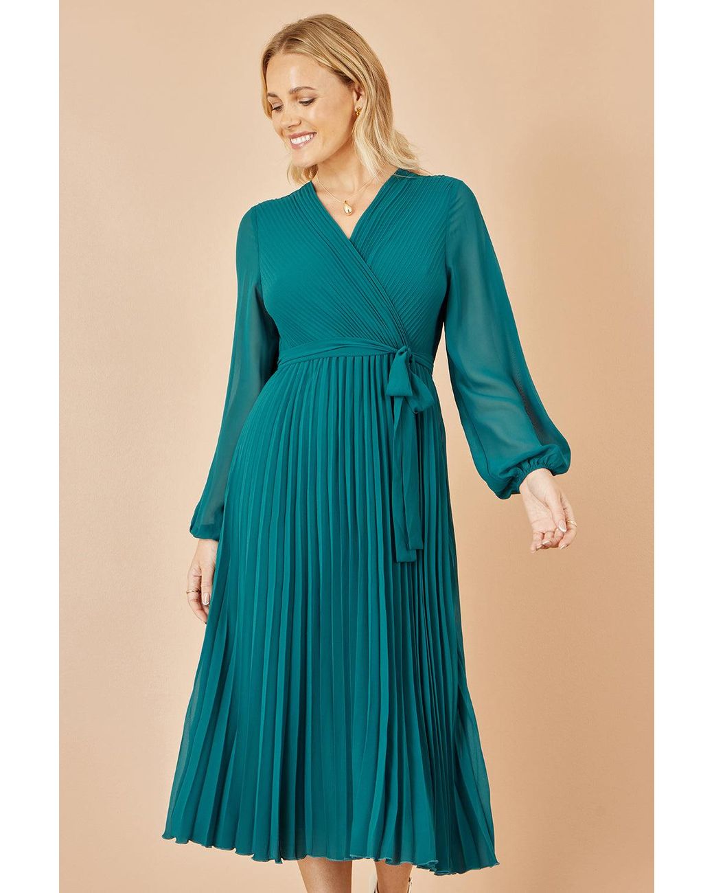 Yumi' Blue Pleated Wrap Midi Dress With Sheer Long Sleeves