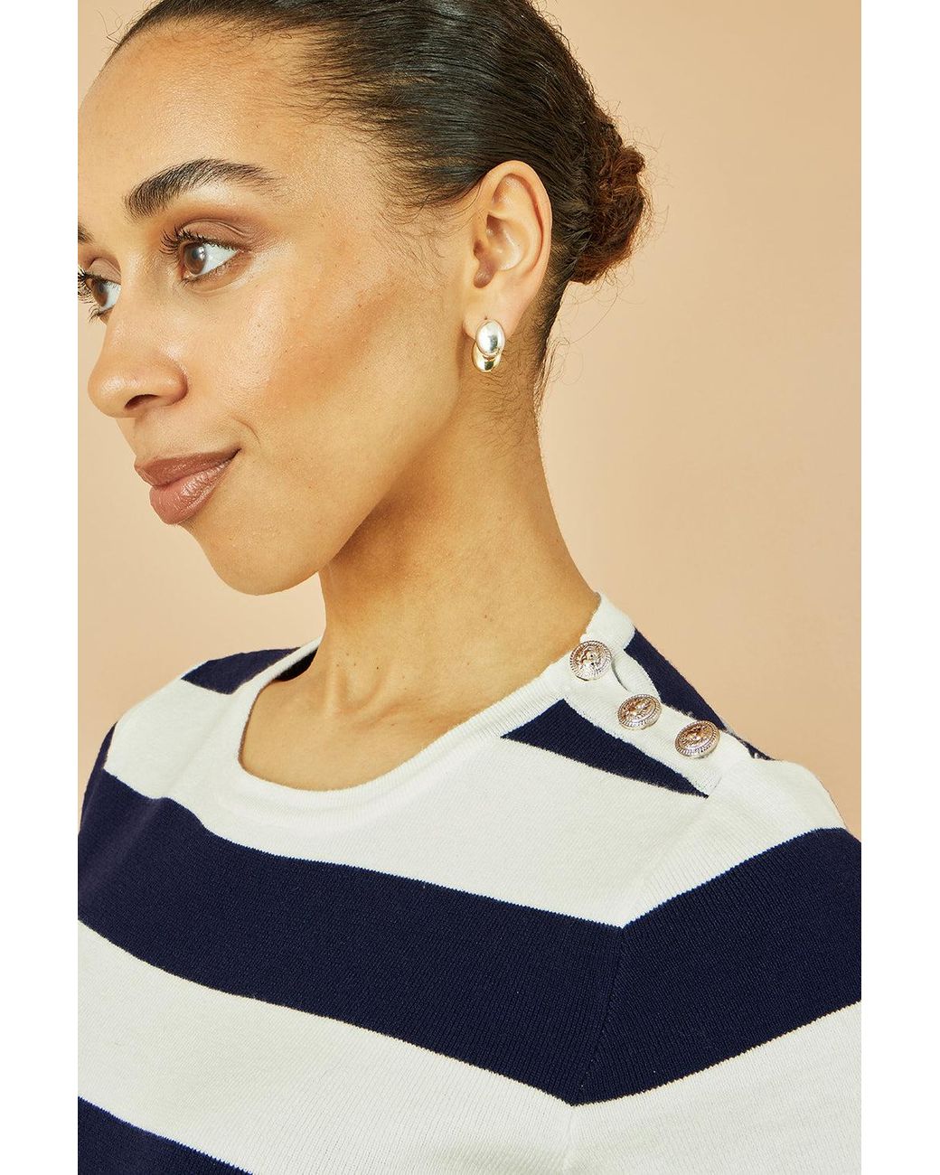 Yumi' Blue Block Stripe Knitted Top With Button Details