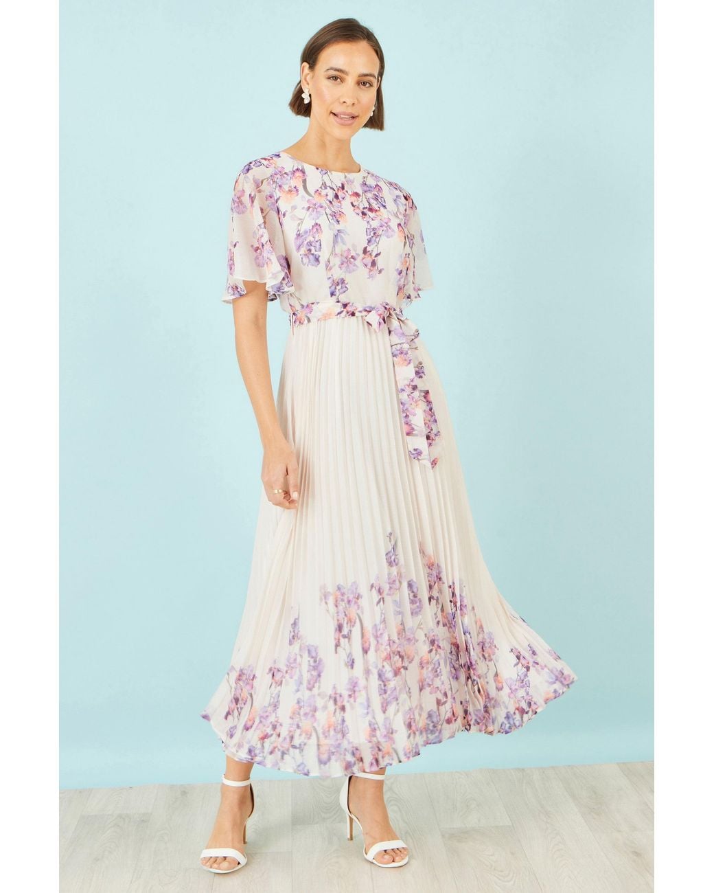 Yumi' White Ivory Floral Mirror Pleated Midi Dress