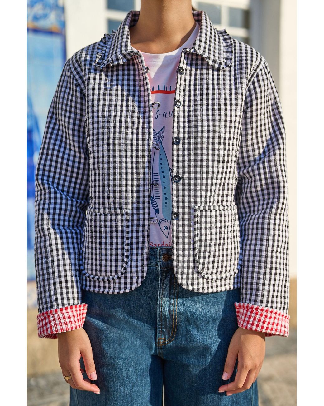 Yumi' Blue Gingham Frill Collar Jacket