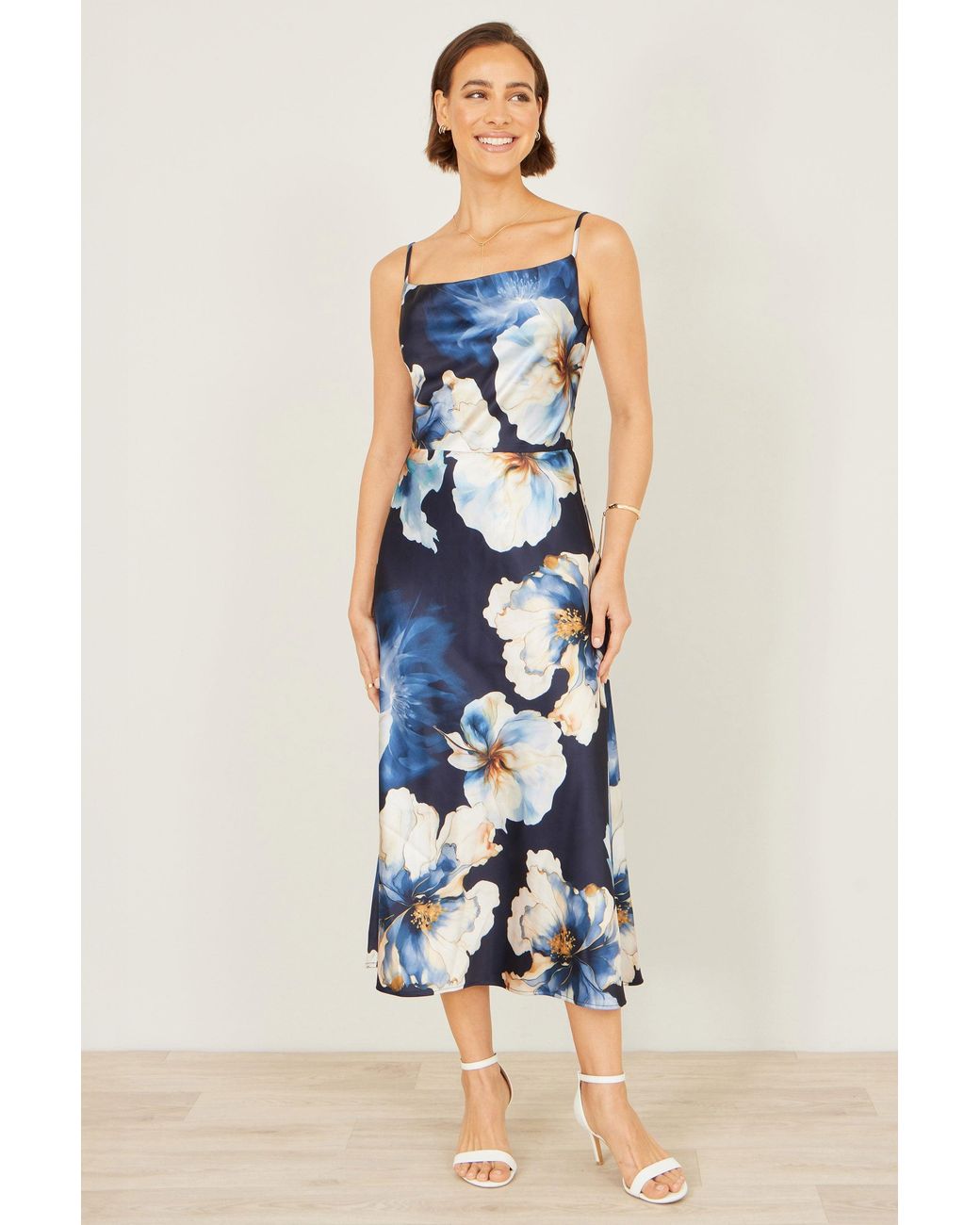 Yumi' Blue Cowl Neck Satin Floral Dress