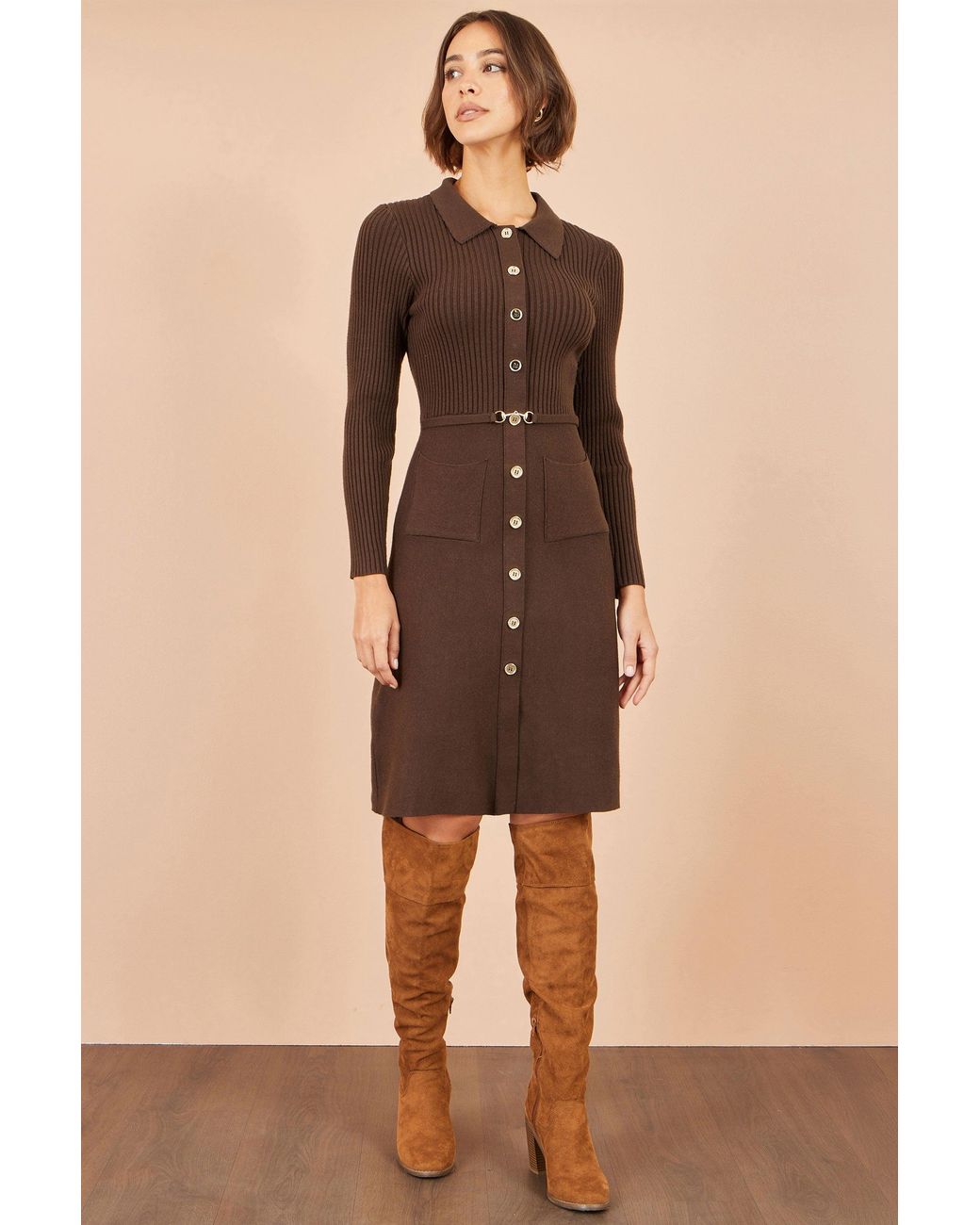 Yumi' Brown Rib Knit Midi Shirt Dress With Snaffle Belt