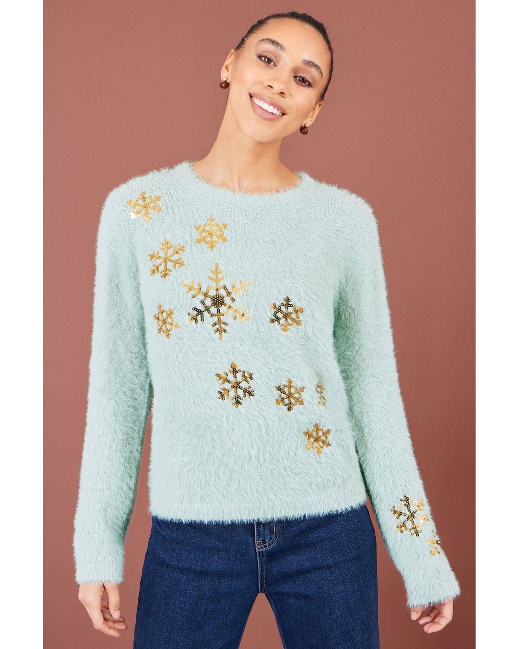 Yumi' Blue Mint Sequin Snowflake Fluffy Jumper