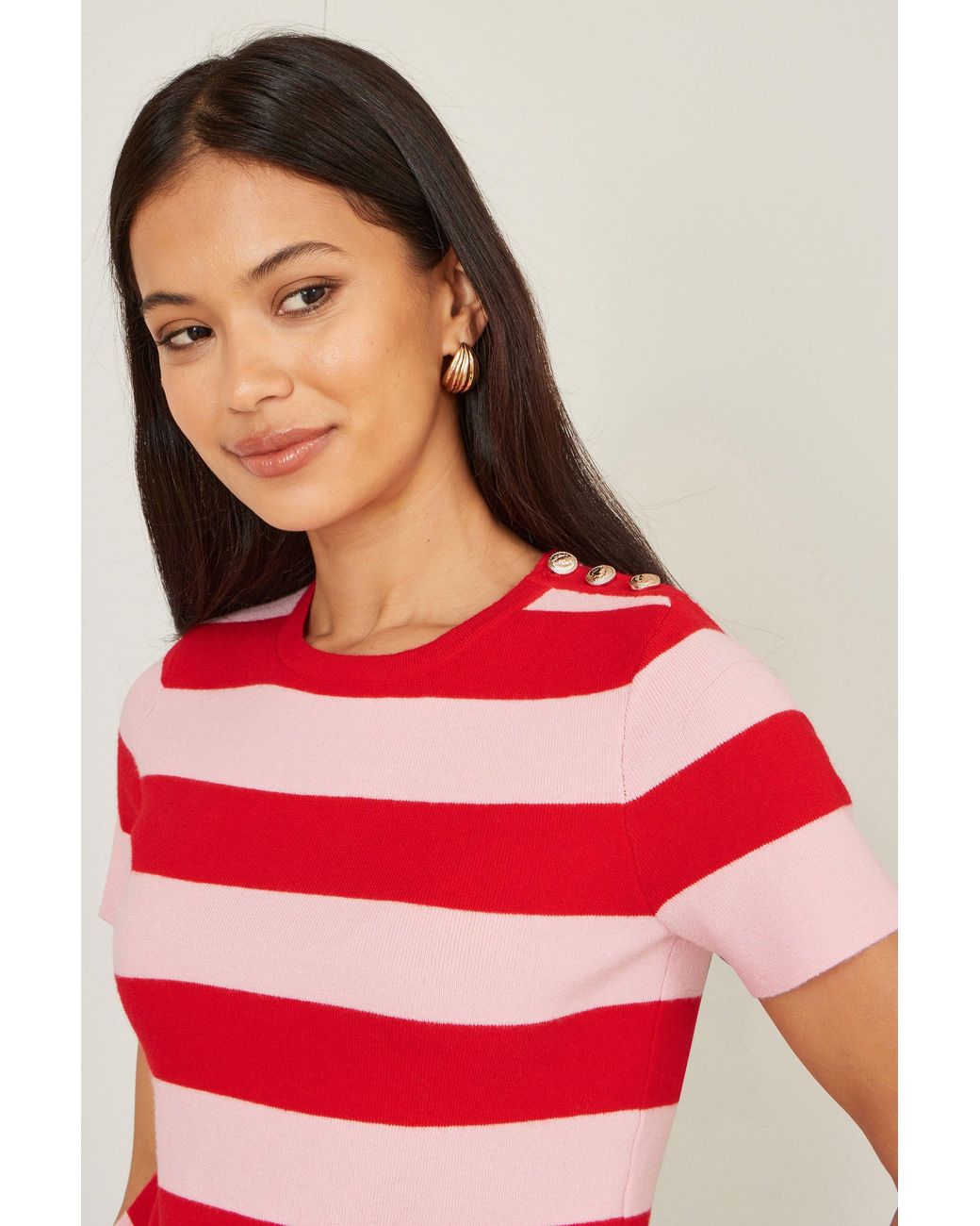 Yumi' Red Block Stripe Knitted Top With Button Details