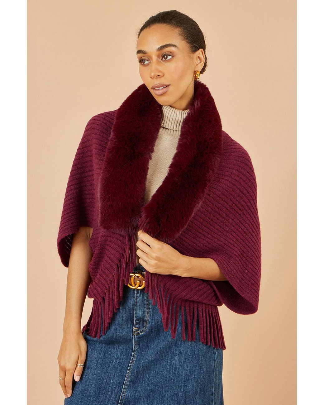 Yumi' Blue Fur Collar Shrug With Tassel Hem