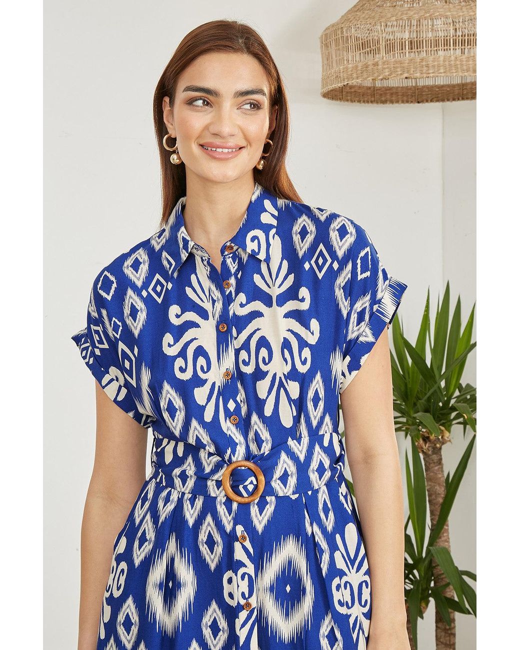 Yumi' Blue Abstract Geo Print Relaxed Midi Shirt Dress With Belt