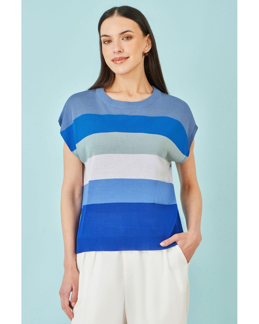 Yumi' Blue Block Stripe Relaxed Knitted Top