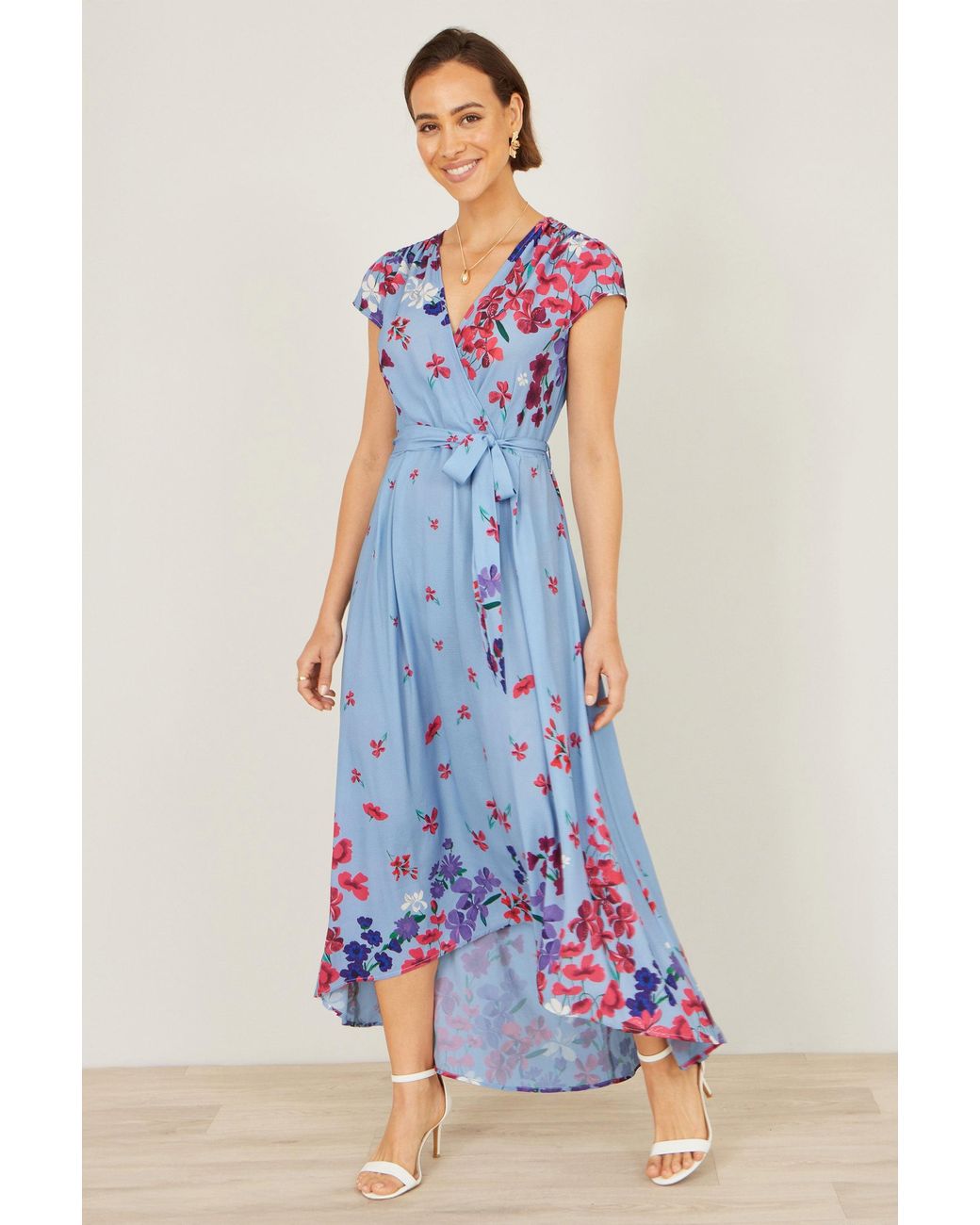 Yumi' Blue Floral Mirror Wrap High Low Midi Wrap Dress