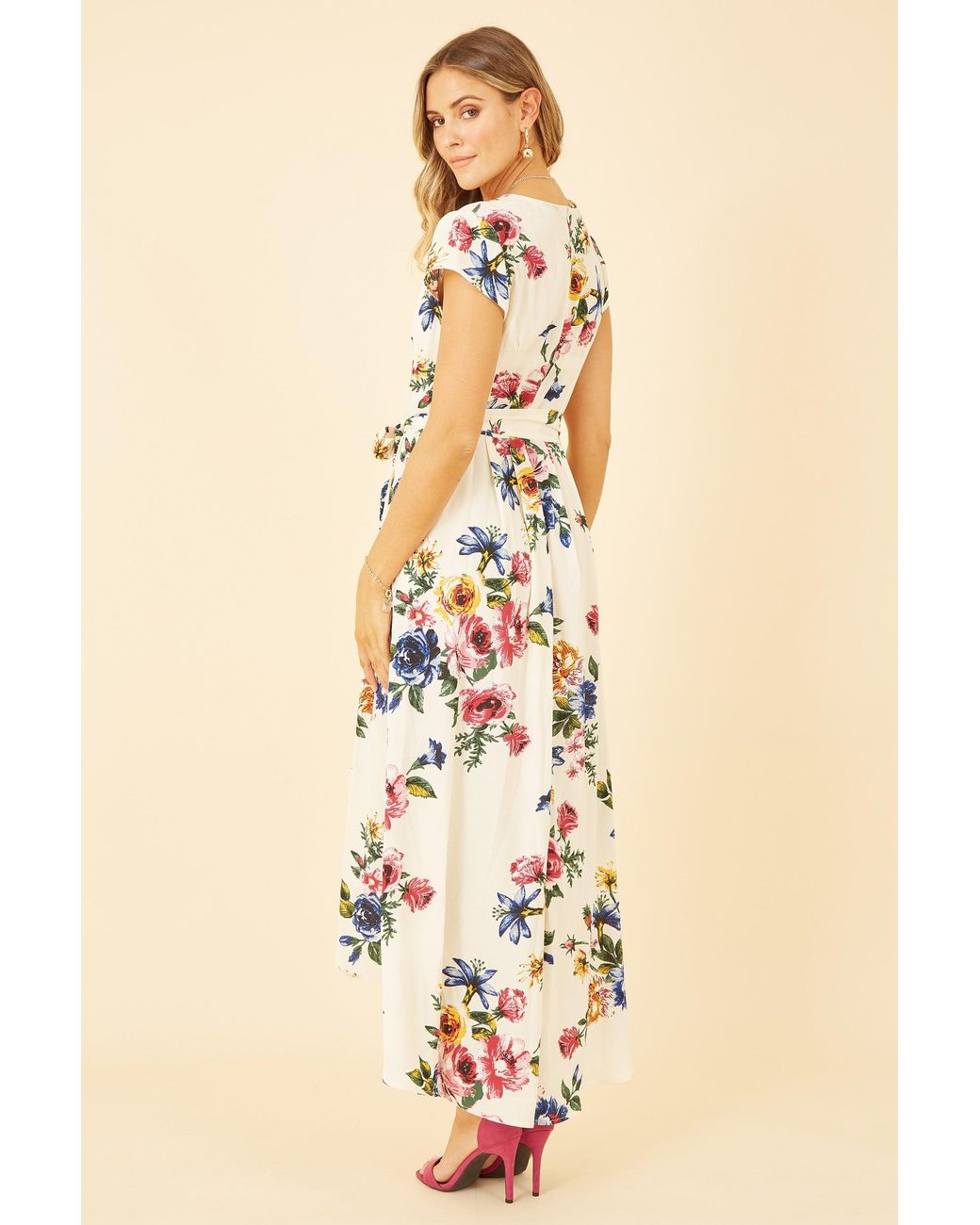 Yumi' Natural Floral Wrap Dip Hem Dress