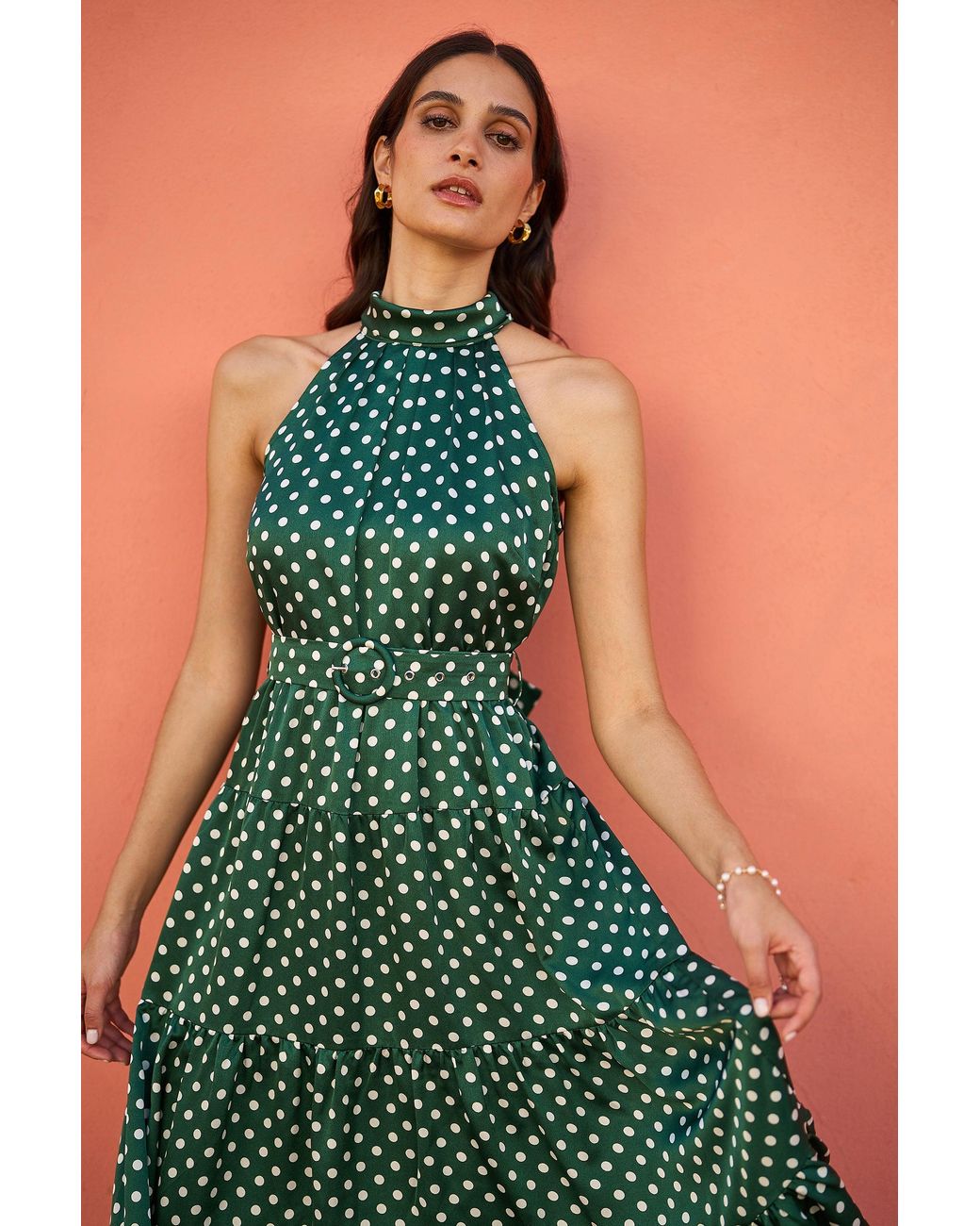 Yumi' Green Spot Print Halter Midi Dress With Matching Belt