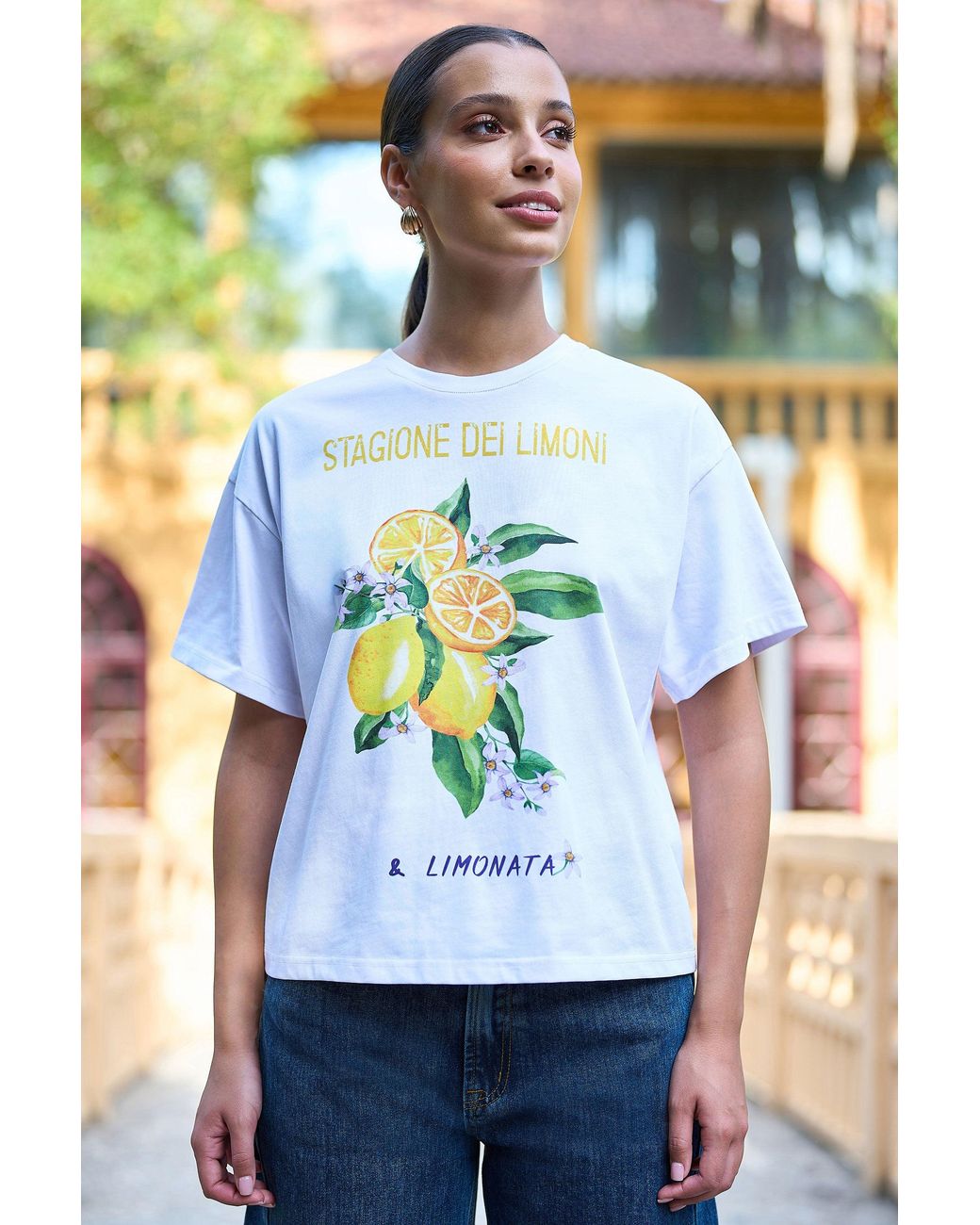 Yumi' Blue Retro Relaxed Lemon Print Cotton T Shirt
