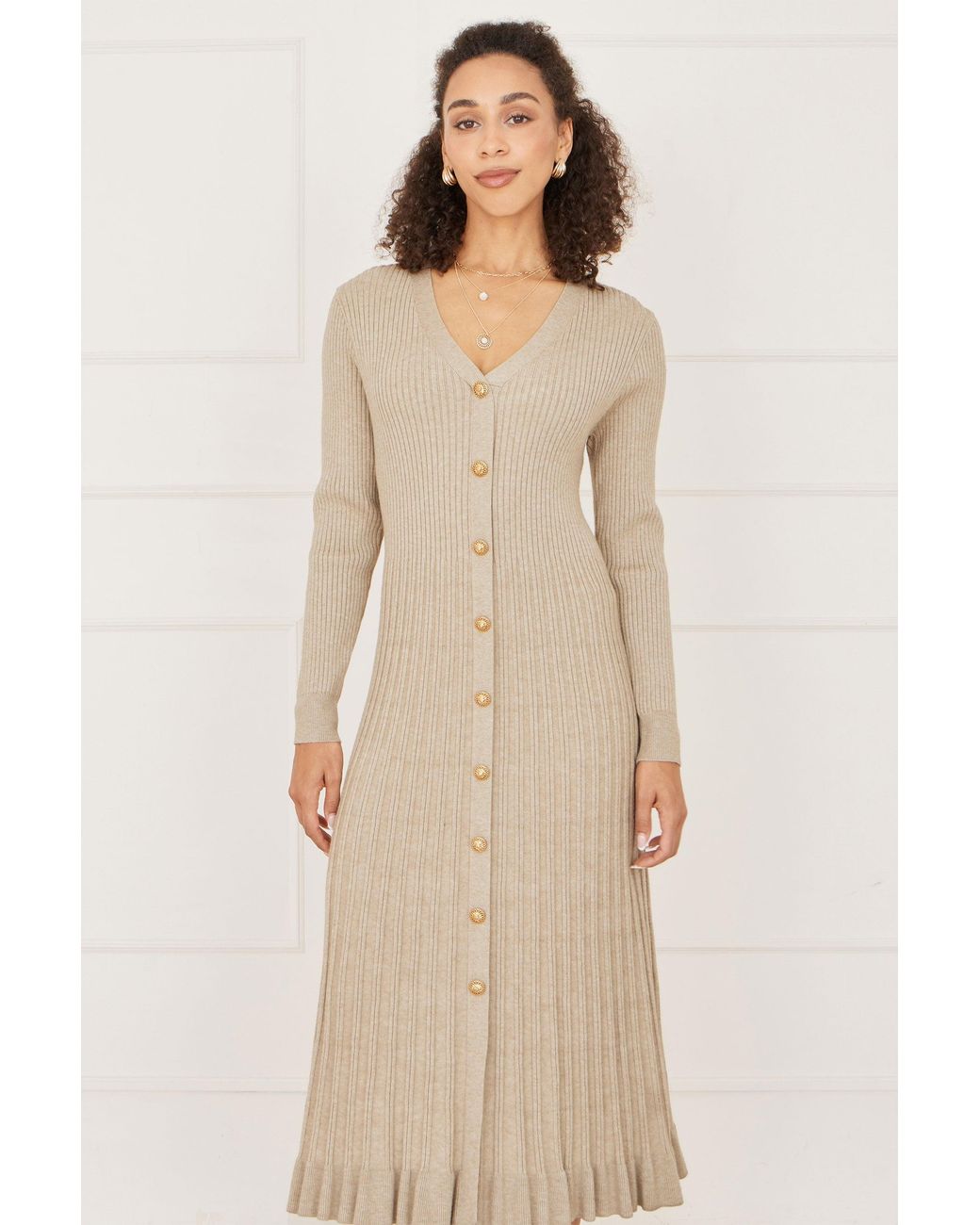 Yumi' Natural Viscose Knitted Midi Ribbed Dress