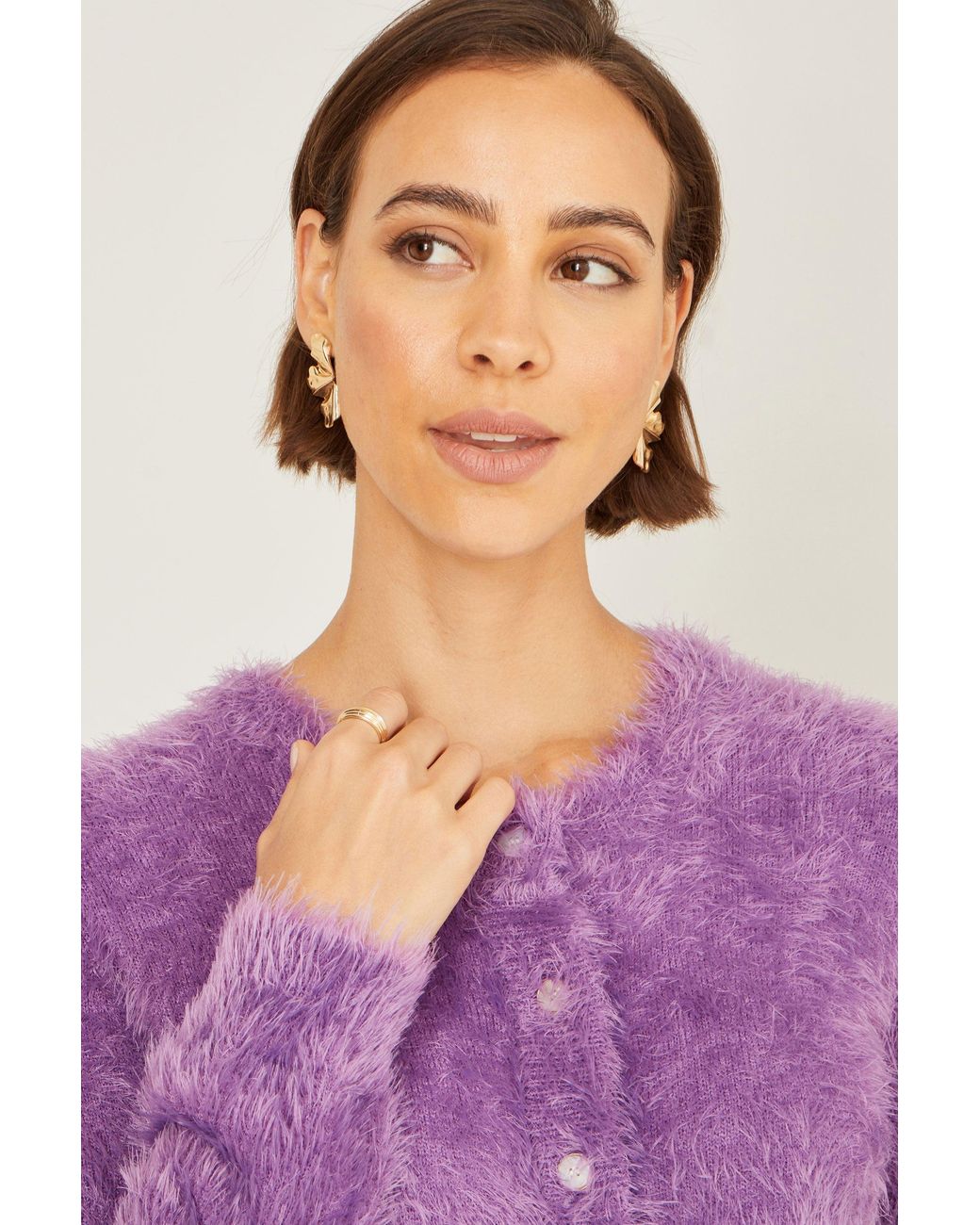 Yumi' Purple Eyelash Knit Cropped Cardigan