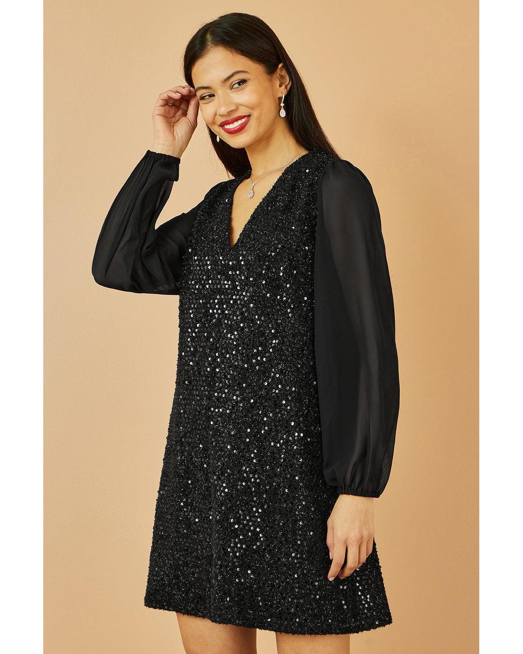 Yumi' Black Sequin Tunic With Tie Back And Sheer Sleeves