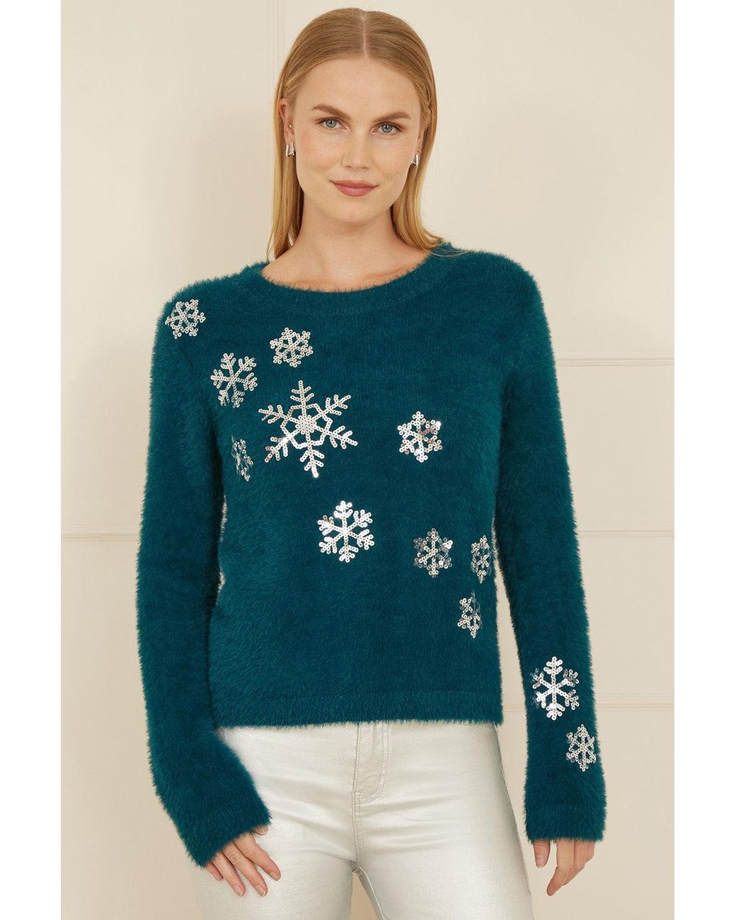 Yumi' Blue Sequin Snowflake Fluffy Jumper
