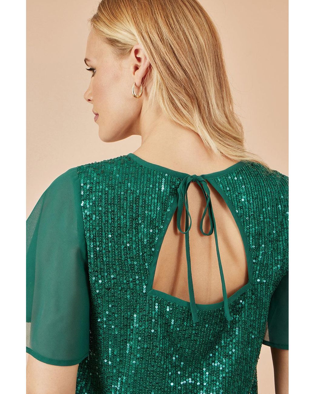 Yumi' Green Sequin Top With Sheer Sleeves And Cut Out Back