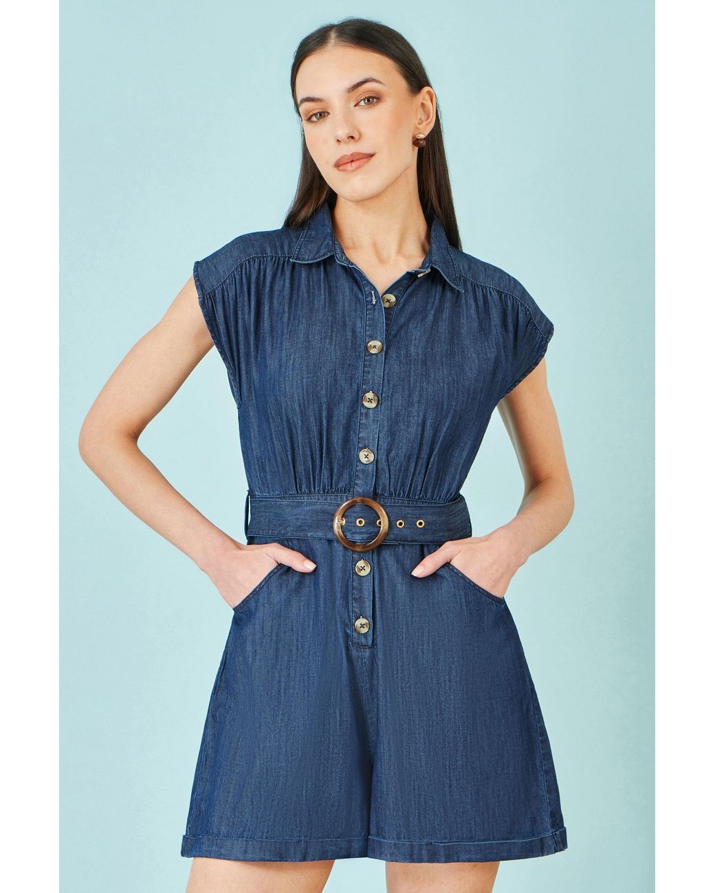 Yumi' Blue Chambray Cotton Playsuit