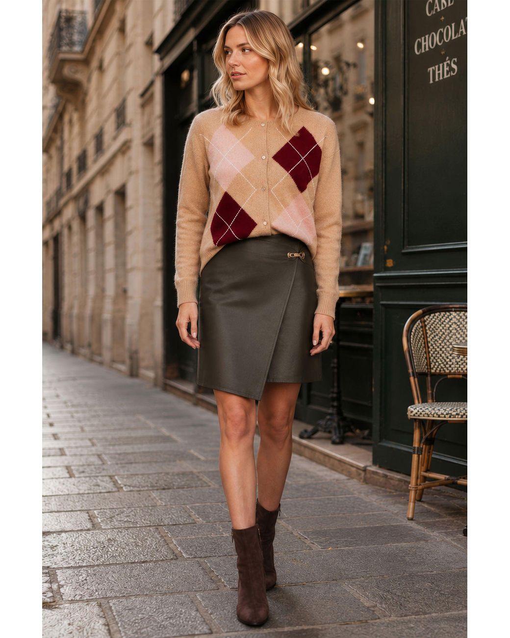 Yumi' Natural Argyll Knitted Cardigan