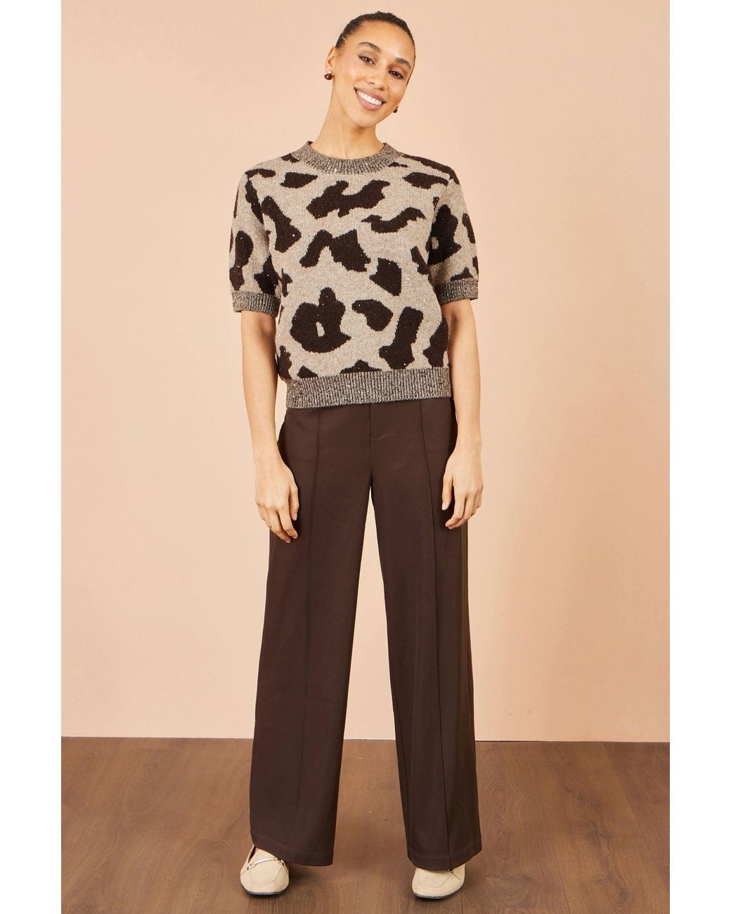 Yumi' Natural Leopard Intarsia Short Sleeve Jumper