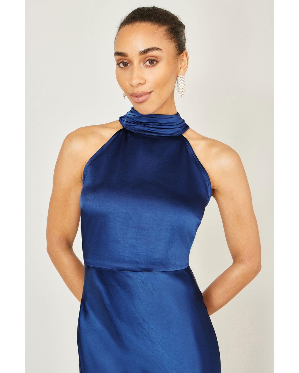 Yumi' Blue Satin Halter Neck Midi Dress