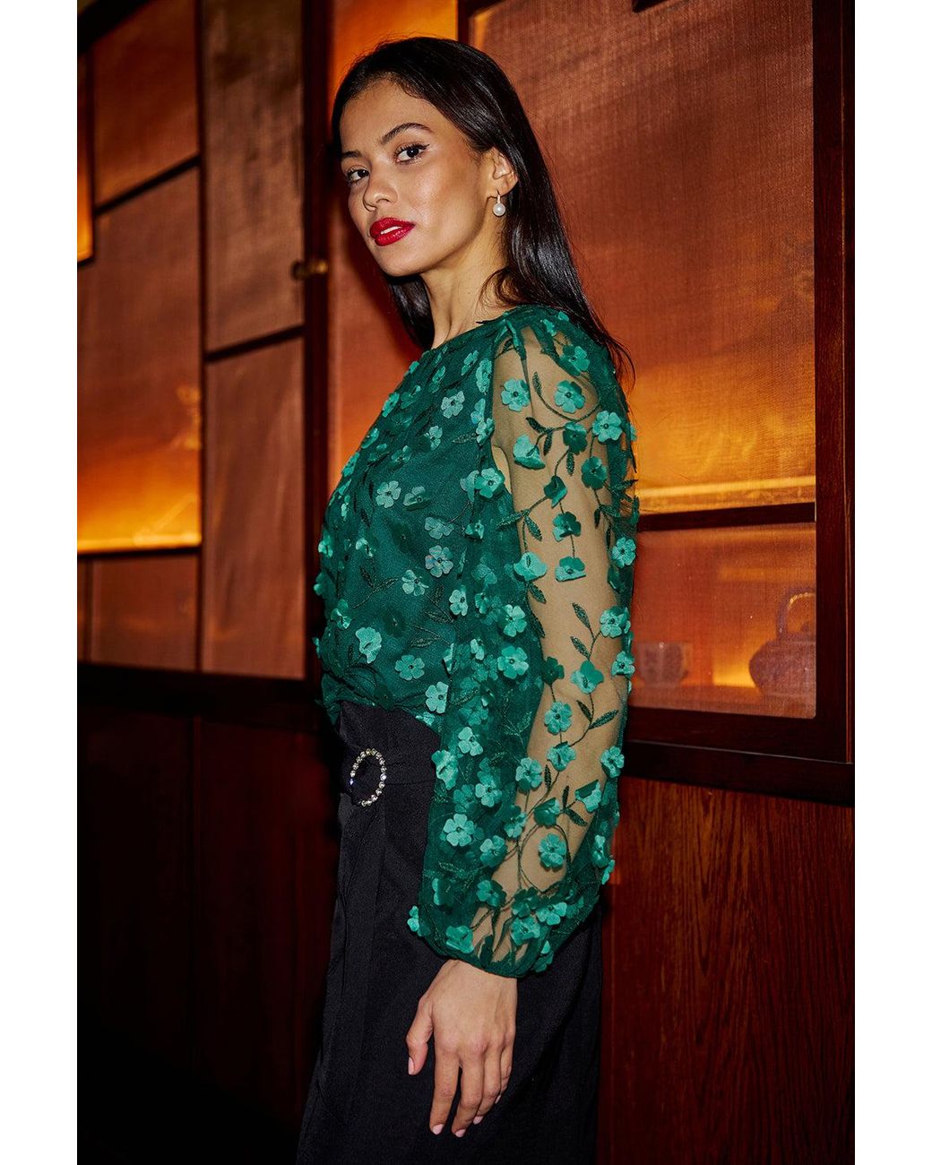 Yumi' Green Sheer Sleeve Applique Flower Top