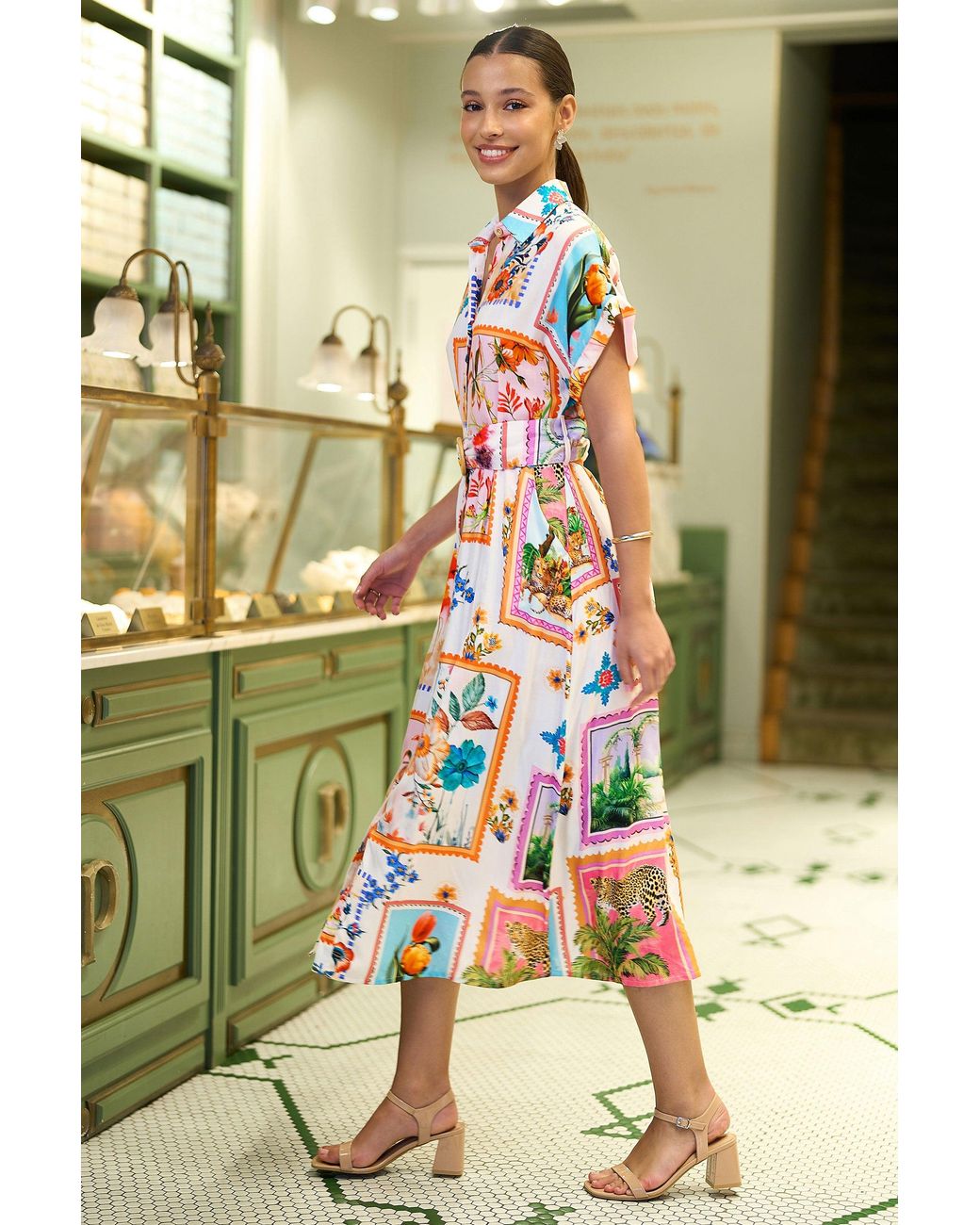 Yumi' Green Tropical Postcard Print Relaxed Midi Shirt Dress