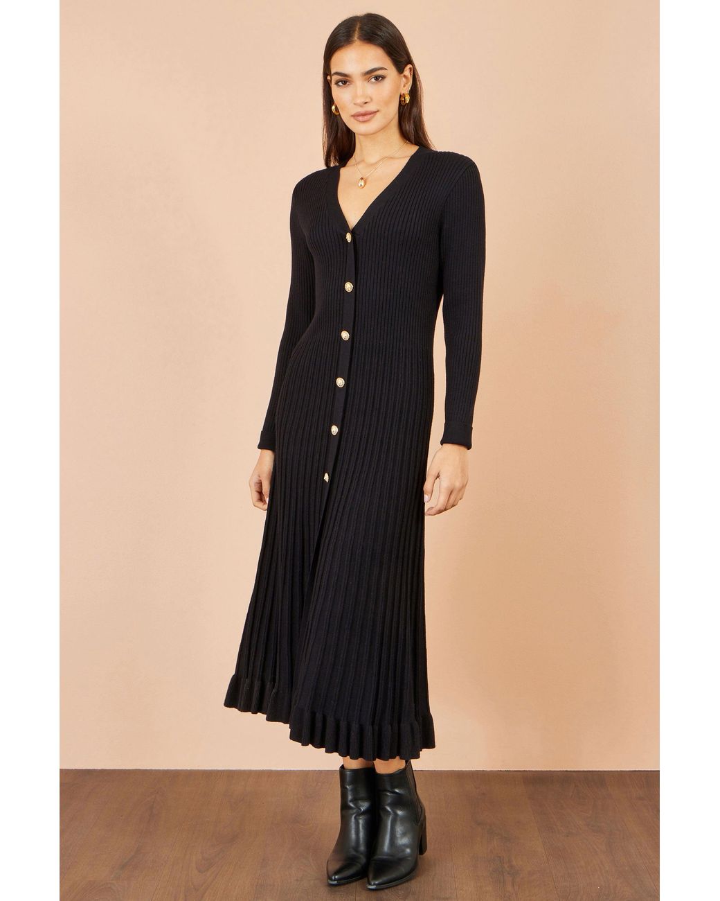 Yumi' Black Viscose Knitted Midi Ribbed Dress