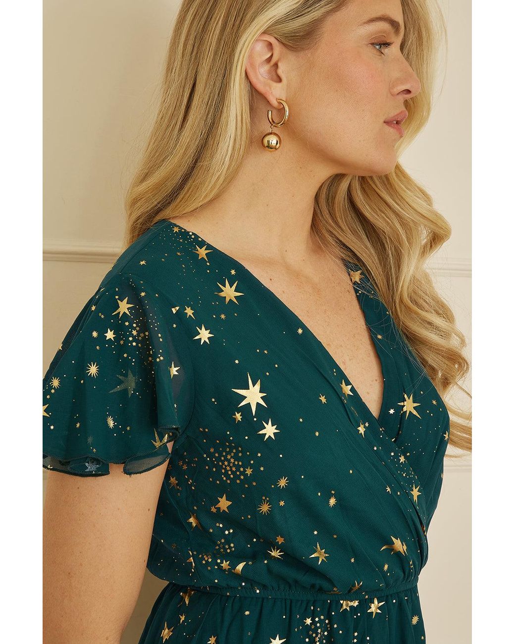 Yumi' Green Foil Star Print Wrap Skater Dress
