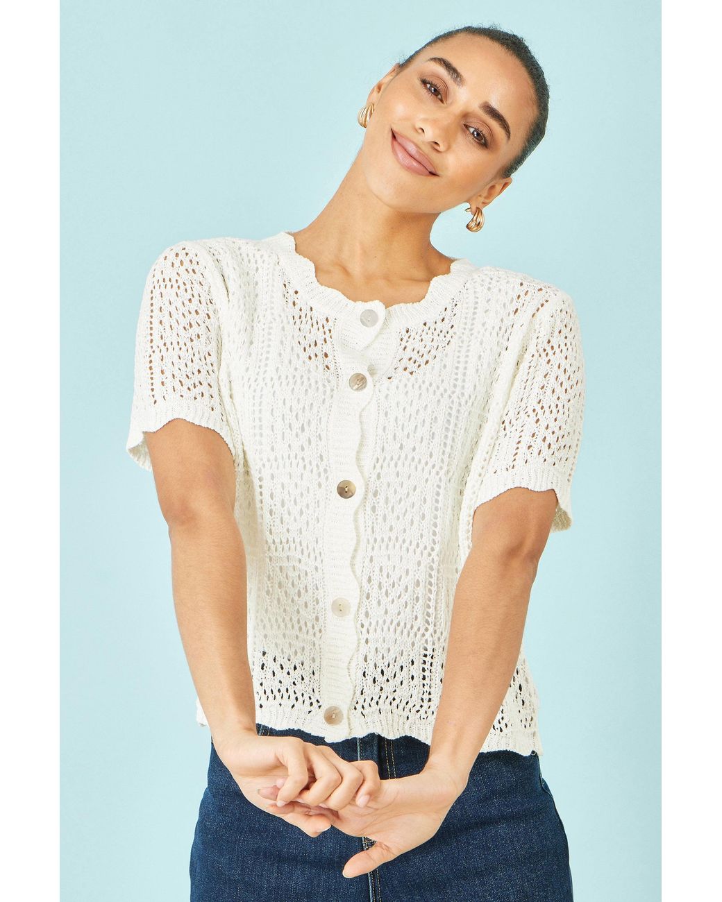 Yumi' White Crochet Short Sleeve Cardigan