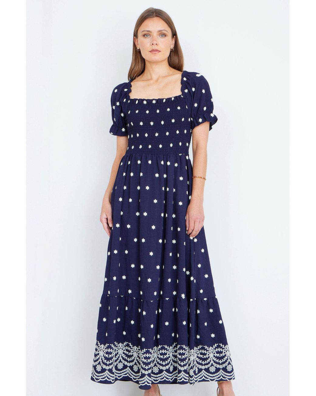 Yumi' Blue Border Hemline Smocked Maxi Dress