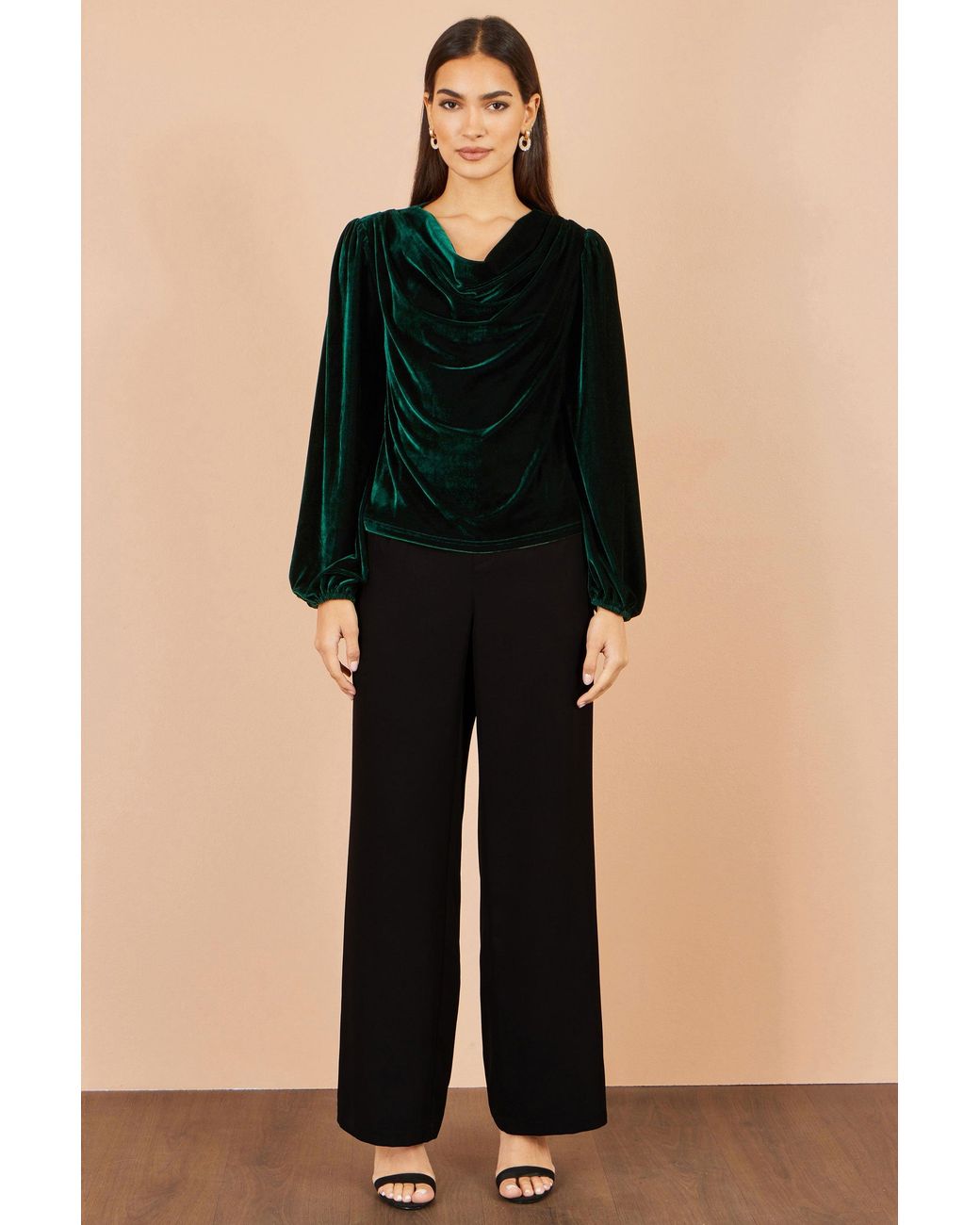 Yumi' Black Velvet Ruched Cowl Neck Top